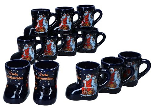 MamboCat 12er Set Glühweinstiefel dunkelblau mit Henkel I 200ml geeicht I Glühweinbecher mit Weihnachtsdekor & Schriftzug für 12 Personen I Keramik-Tasse für Tee, Eierlikör, Feuerzangenbowle