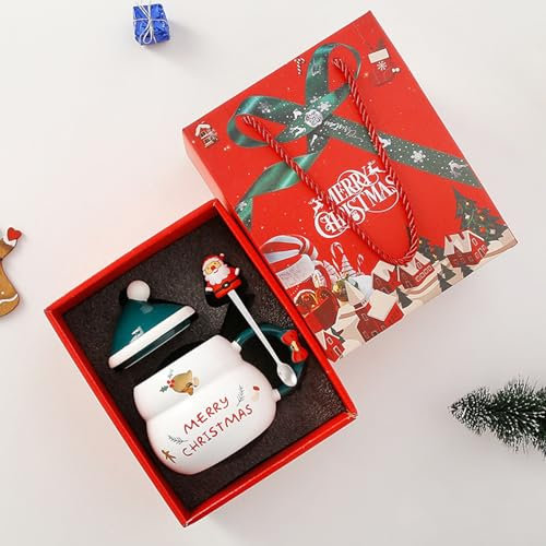 Kaezuy Weihnachten Keramik Becher, 480ml Groß Weihnachtsbecher mit Deckel und Löffel, Süße Weihnachtstasse Kaffeetassen für Home Office, Einzigartiges Geschenk für Weihnachten (D)