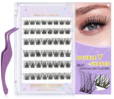 SA03-D 48 PCS Pre-Glued Cluster Lashes - D Curl No Glue Eyelashes 10-16mm with Lash Tweezers - 1 Step DIY Self Stick Easy to Apply