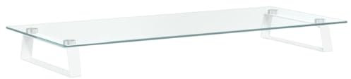vidaXL Support de Moniteur, Support d'Ordinateur avec Rangement, Réhausseur d’Écran pour Ordinateur Bureau, Blanc Verre Trempé et Métal