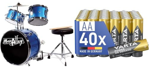 Music Alley Junior Drum Kit for Kids with Kick Drum Pedal & VARTA Batterien AA