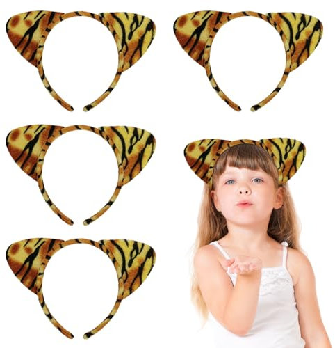 FUIPVGI 4 Stück Stirnband Tierkopf Tragen Haarreif Tiger Ohren, Tier Haarreif mit Ohren Stirnbänder für Kinder Damen Herren Karneval Halloween Geburtstag Themenparty Kostüm Parteien Deko (Braun)