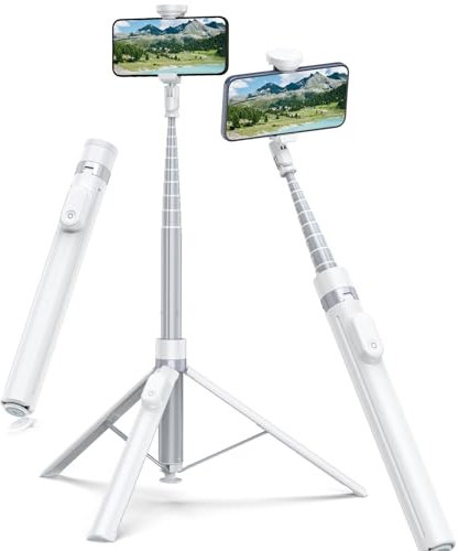 TONEOF 168cm Automática Palo Selfie Trípode, Tripode para Movil con Control Remoto Magnético Recargable,Soporte Movil Giratorio de 2 Eje de 360°,Trípode Estable para iPhone/Android-Blanco