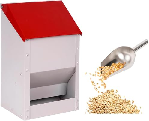 4,5 kg Wetterfester Automatik Futterspender aus Metall mit Deckel | Wandmontierbar abfallfreie Geflügelfütterung inkl. Metallschaufel, für Hühner, Enten und Gänse im Außenbereich