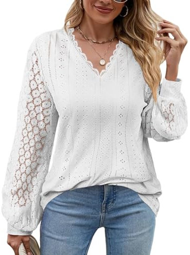 Aomig Women's White Blouses with V Neck, Ladies Classy Hollow Scalloped Lace Long Sleeve Tops, Womens Summer Casual Puff Sleeve Fashion Blouses and Shirts for Work, Party, Banquet, Daily, Vacation (M)