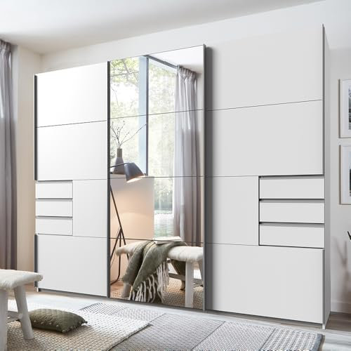 Lomadox Schlafzimmer Kleiderschrank Schwebetürenschrank 3-türig 270cm, weiß mit Spiegelfront