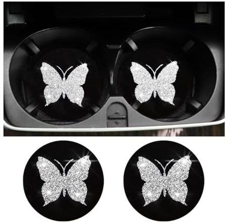 Butterfly Car Coasters, 2 Pack Universal 2.75 Inch Anti Slip Insert Cup Holder Coasters, Bling Diamond Drink Cup Mug Mat Pad for Women, Pretty Decorations Car Interior Accessories (White)