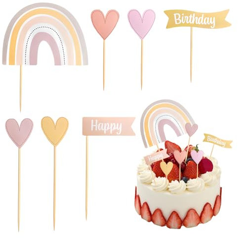 Volumoon 8 Stück Regenbogen Tortendeko Set, Kuchen Deko Geburtstag mit Sticker, Tortendeko Geburtstag Rainbow Happy Birthday Herz kuchendeko Mädchen für Kinder Baby Shower Mädchen (Rosa)