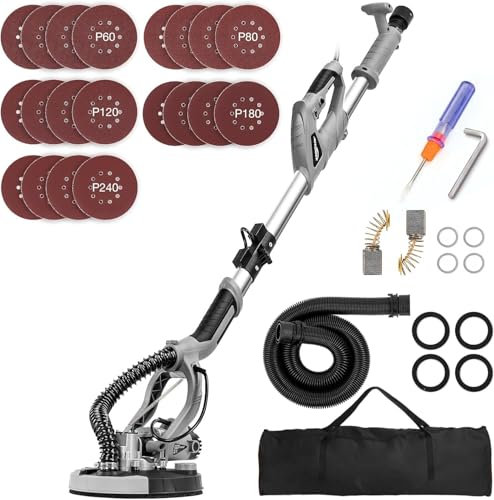 Levigatrice per muri XDOVET, levigatrice elettrica da 850 W con 20 dischi abrasivi, 6 velocità (da 800 a 1750 giri/min), tubo flessibile per la polvere lungo, impugnatura telescopica