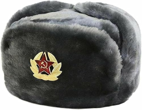 Russische Trappermütze für Herren, warm, mit sowjetischem Abzeichen, Unisex, Kunstfell, Uschanka-Klappen, Sowjetischer Stil, Unisex Wintermütze