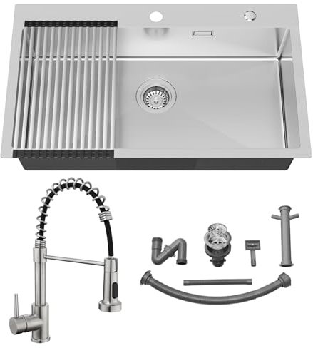 Auralum Fregadero 75x45cm con Escurreplatos + Grifo Cocina Extraible con 2 Modos de Rociado