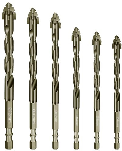 Foret Metal Maçonnerie à Tige Hexagonale Foret Mixte 4 mm, 5 mm, 6 mm, 8 mm, 10 mm, 12 mm pour Carrelage, Céramique, Verre, Brique, Acier, Bois, 6 Pièces