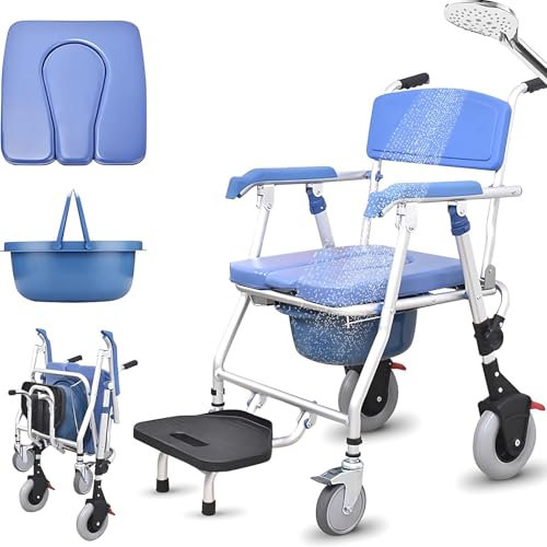 LSRFXF Faltbarer Dusch-Toilettenrollstuhl mit Rollen, Multifunktionaler Duschstuhl-Rollstuhl mit Rückenlehne und Urineimer für die Häusliche Pflege, Tragfähigkeit 150 kg