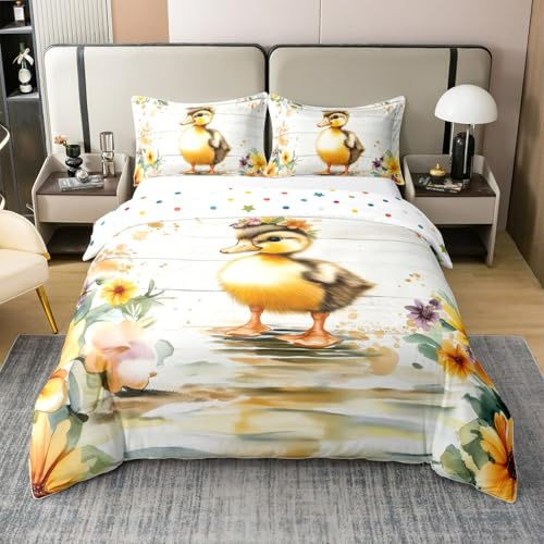 Homewish Ente Bettwäsche 135X200 Baumwolle Kinder Blumen Tiere Bettbezug | Niedlich Für Mädchen Jungen Gelbe Ästhetik Bett Set Mit 1 Kissenbezug Holzbrett Dekor Weiche