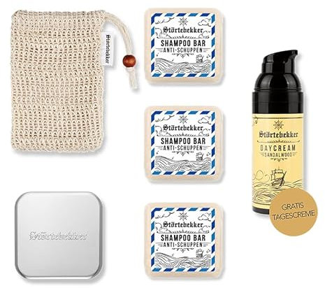 Störtebekker® Premium Dusch Routine Set - Festes Shampoo Anti-Schuppen (x3), Sisalsäckchen, Seifendose + GRATIS Tagescreme - Shampoo Bar Set für Haare/Duschpflege - Handgefertigt in Seifenmanufaktur