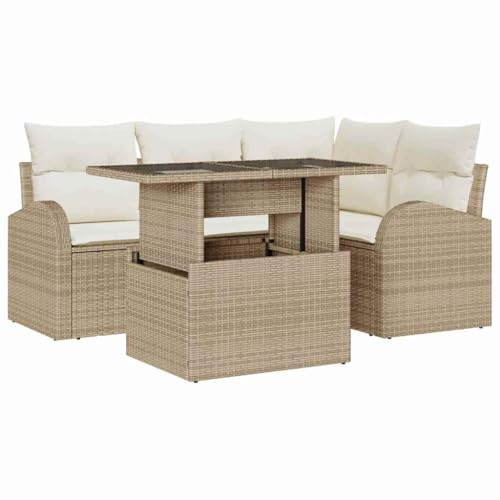 vidaXL 5-teiliges Garten-Sofa-Set mit Kissen in Beige, aus Poly Rattan. Verstellbare Armlehnen, wetterfest und modulares Outdoor-Sitzmöbel für Terrasse und Balkon. Modernes Lounge-Design.