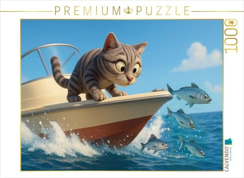 Puzzle · Kommt EIN kleines Stück näher - Cartoon Katze beim Fischfang | 1000 Teile · Lege-Größe 64 × 48 cm · CALVENDO Puzzle