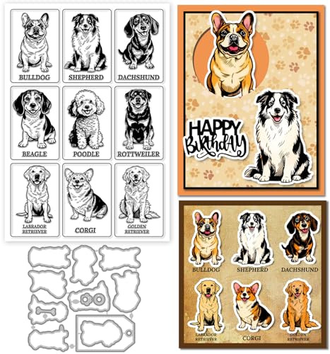 GLOBLELAND Cute Dogs Illustrations Clear Stamp and Cutting Dies Set for Card Making Bulldog Puppy Silicone Transparent Stamps Shepherd Animals Metal Die Cuts for DIY Scrapbooking Photo Album Decor
