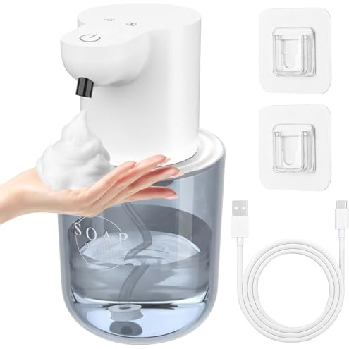 400ml Elektrischer Seifenspender mit Sensor, mit USB Wiederaufladbar, IPX5 Wasserdicht, Seifenspender Wandbefestigung Berührungslos Schaumseifenspender mit 4 Einstellbare Stufen (Weiß)