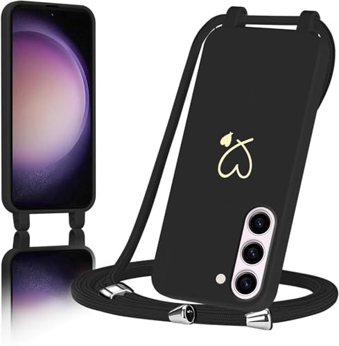 AoozeFon für Samsung Galaxy S23 5G Hülle mit Band, Handyhülle Samsung S23 5Gmit Kordel zum Herz, Schutzhülle Handyband mit Umhängen Abnehmbare Weich TPU Liquid Silikon Bumper, Schwarz