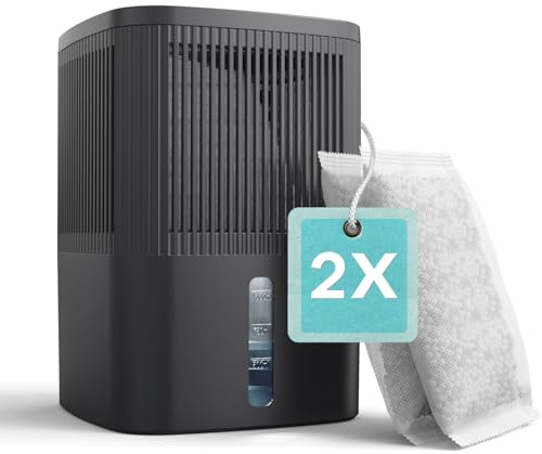 AROEVE 2 Packs x 450g（900g）Deshumidificador, 1000 ml Capacidad | Caja Reutilizable, 2 Recambios. Absorbe Humedad&Olores,Depósito Visible,Eco Sin Elec,Vaciado,Armarios,Baños,Dormitorios,RV.