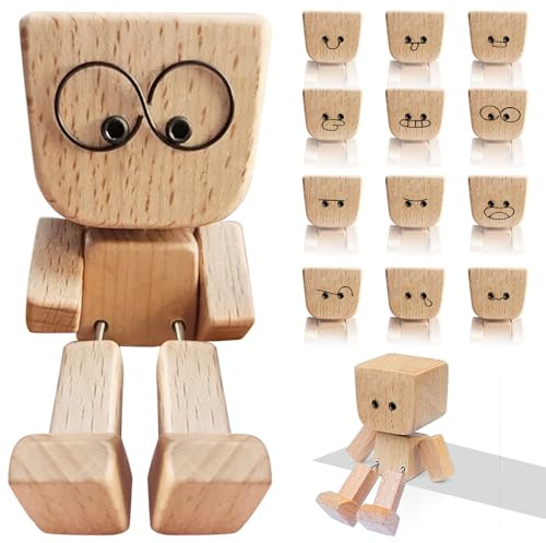 Feibety Shaking Wooden Man Figurine,Handmade Wooden Dashboard Ornament with 12 Magnetic Funny Expressions, Car Dashboard Accessories & Desk Decor, Creative Gift for Drivers,Friends and Office Fun