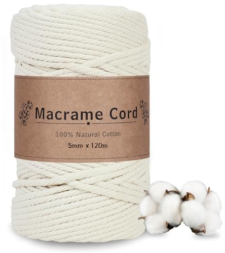DOBIGER Filo per Macramè 5mm x 120m, Corda Spessa in Cotone Naturale Beige per Tappeti, Portapiante, Decorazioni Grandi e Fai da Te - Resistente e di Facile Lavorazione