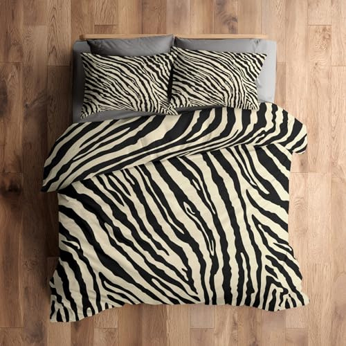Generisch Bettwäsche 140x200 Zebra, Wendebettwäsche, 1 Kissenbezug 70x90, Abstrakt Schwarz Beige Bettbezug Set 2tlg Schlafzimmer Deko, Weiche Mikrofaser & Reißverschluss (HE37)