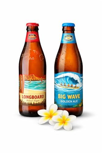 Kona Longboard Island Lager & Kona Big Wave Golden Ale Mix – 12 x 355 ml Flaschen (je 6x Longboard & 6x Big Wave) – Hawaii Craft Beer Set mit Flaschenträger, Importbier aus den USA