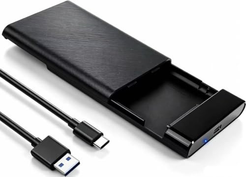 Festplattengehäuse 2,5 Zoll, USB C 3.1 Gen 2 Externes SSD Gehäuse 6Gbps mit UASP, SATA III HDD SSD Adapter für 7mm/10mm Festplatten, Werkzeugfreie Montage mit USB C Kabel