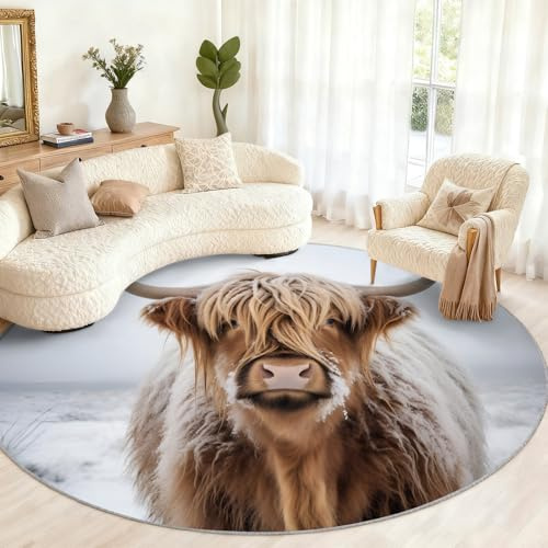 GKPLY Runder Hochlandkuh-Teppich, schottische schneebedeckte Kuh-Teppiche für Wohnzimmer, Wildtier-Druck, Kreisteppiche für Schlafzimmer, waschbarer Teppich, rutschfest, Teppichdekoration, 1,5 m
