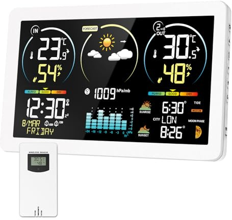 Wetterstation Funk mit Außensensor, 7,8 Zoll Großes Farbdisplay mit Beleuchtung & DCF Funkuhr, Wettervorhersage, Innen- & Außentemperatur, Luftfeuchtigkeit, Luftdruck, Mondphase (white1)