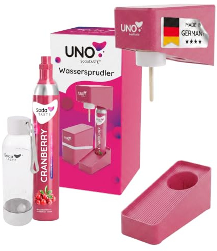 UNO Wassersprudler – modular & ohne Strom | kompatibel mit allen CO₂-Zylindern mit Standard-Drehgewinde | Set inkl. 1L-Wasserflasche & CO₂-Zylinder Cranberry & Flaschentrockner (Magenta)