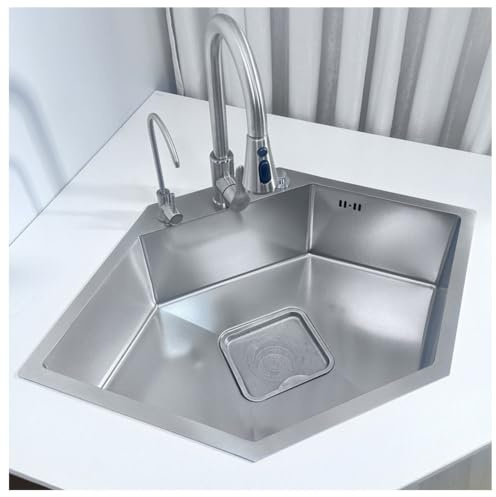 XDCXYD Fregadero De Cocina De Esquina Con Grifo Extraíble Fregadero De Acero Inoxidable Reforzado Hecho A Mano(Silver,70 * 50cm)