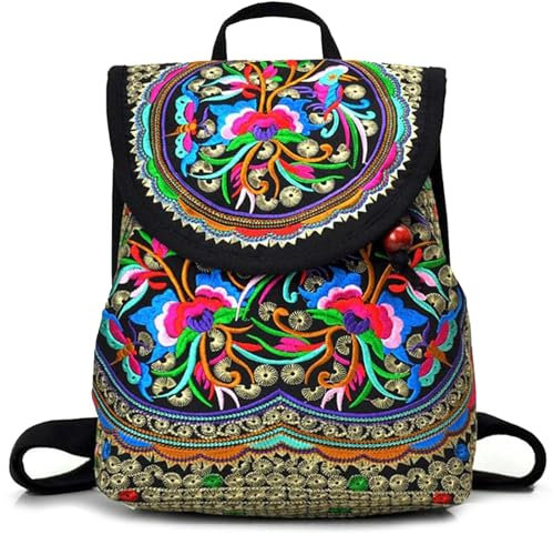 Mode Damen Rucksack mit Blumen, Feskin Mädchen Stickerei Daypack Backpack Canvas Vintage Schulrucksack