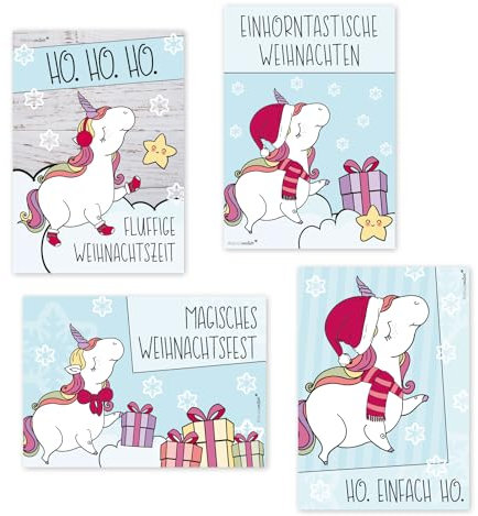 younikat 5 x 4 Weihnachts-Postkarten mit süßem Einhorn-Motiv I Post-Karten-Set zu Weihnachten im DIN A6 Format I für Kinder Teenager Mädchen I dv262