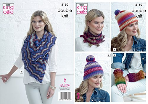 King Cole 5150 Knitting Pattern Cowl Hats Hand Warmers and Shawl in Riot DK