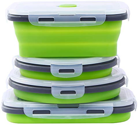 KUON Collapsible Silicone Food Storage Containers with Airtight Lids, 4 Pack Set Lunch Box, Microwave and Freezer and Dishwasher Safe, BPA Free (Green, 500ml and 800ml)