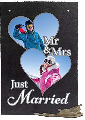 wandmotiv24 Schiefertafel Hochzeit zum Aufhängen mit Seil, Mr. & Mrs. Just Married, Personalisiert mit Foto Herzform, Digitaldruck, 20 x 30cm, Naturprodukt, Hochzeitsgeschenk für Brautpaare, Verlobung