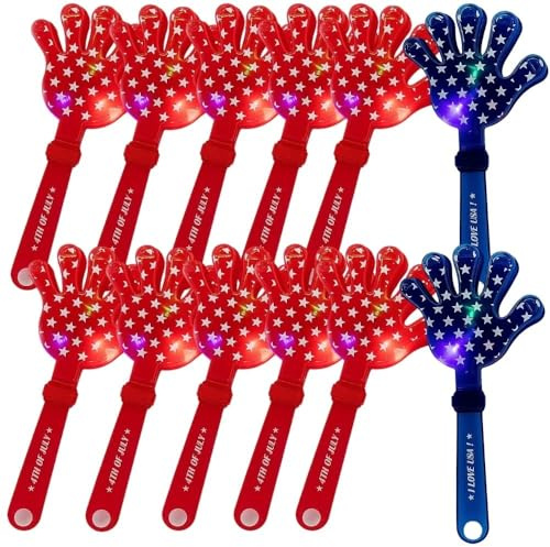 Fun Express Light Up Patriotic Hand Clappers Noise Makers 12 Pack - Large Flashing LED Party Favors for Kids | 4th of July Accessories, Stadium Noisemakers, Carnival Prizes & Goodie Bag Fillers