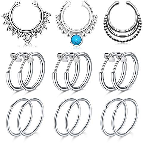 Mayhoop Lot de 12 faux anneaux de nez pour le visage, les boucles d'oreilles créoles à clipser en faux cristal, Métal