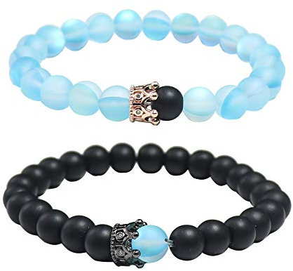 UEUC Paar Distanz Armbänder mit CZ Crown King & Queen Seine Freundschaft Schwarz Matt Achat Stein 8mm