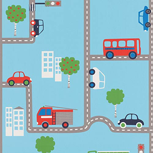 Papier peint enfant garçon pas cher | Papier peint circuit voiture en ligne 93632-1 | Papier peint chambre garçon bleu & multicolore SP03470