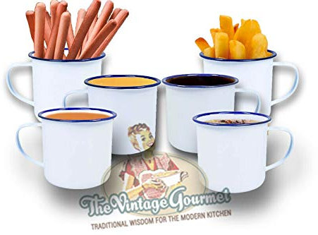 Vintage Gourmet ® Premium White Enamelware with Blue Rim, Oblong, Round Pie Dish Sets, Mugs, Iconic Retro Camping Tea/Coffee Mugs (Set of 6 Mugs 8cm - 350ml)