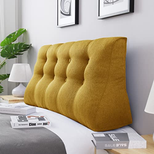 VERCART 55cm Hoches Dickes Rückenkissen Lang Keilkissen Rückenlehne Kissen Großes Wandkissen Lesekissen Nackenstüzkissen Lendenkissen für Bett Kopfteil Gepolstert mit Waschbar Bezug Leinen Gelb 140cm