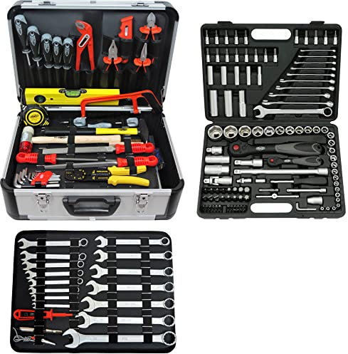 FAMEX 722-46 Alu Werkzeugkoffer gefüllt mit Werkzeug und Steckschlüsselsatz | Werkzeugkiste bestückt | Werkzeugkasten Ratschenkasten