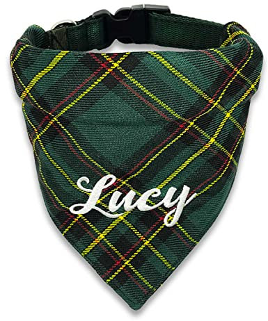 Hundehalstuch mit Hundehalsband Verstellbar mit Namen bestickt Schotten Karo 6 Farben (Grün)