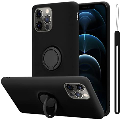 Cadorabo Hülle kompatibel mit Apple iPhone 12 12 PRO Schutzhülle TPU Silikon Case Liquid Design mit Ring Slim Kratzfest Liquidsilikon Microfaser Case Hülle für iPhone 12 12 PRO in Schwarz