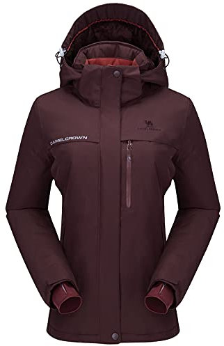 CAMEL CROWN Damen Mountain Snow Wasserdichte Skijacke Abnehmbare Kapuze Winddicht Fleece Parka Regenjacke Wintermantel, weinrot, Medium