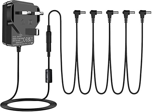 DC 9V Power Supply fit for DC9V Casio Keyboard, Boss Guitar Effect Pedal, 9Volts Center Negative Tip with 5 Way Daisy Chain Power Cables.